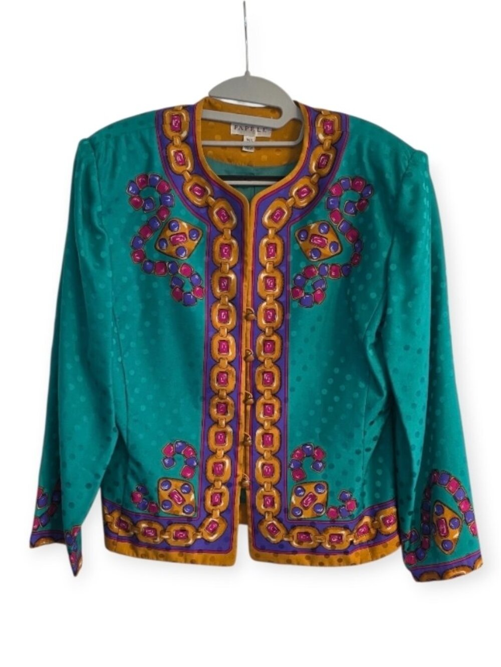 Adrianna Papell Silk Jacket Military Cut Jewel Print Teal 1980s 1990s